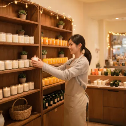Store associate arranging candle display