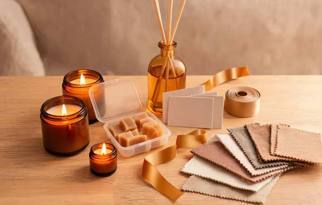 Buying guide table with candles and fragrance notes