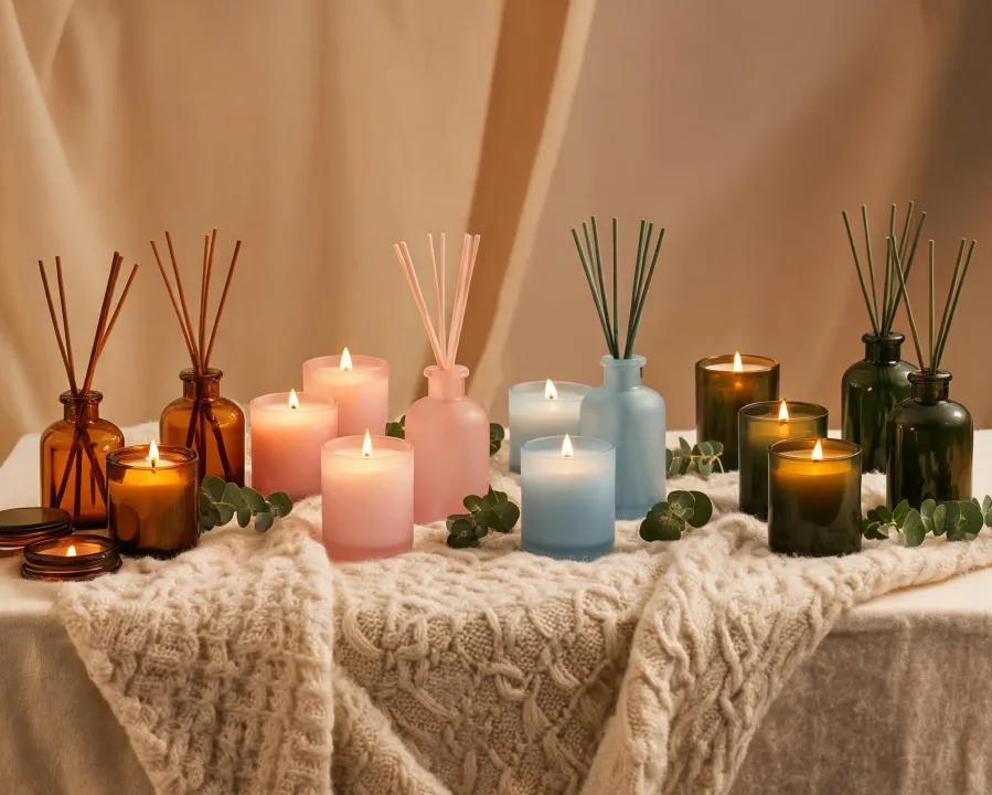 Yankee Candle jars arranged by fragrance color