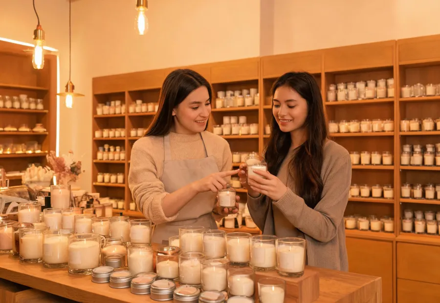 Candle store associate helping with fragrance selection